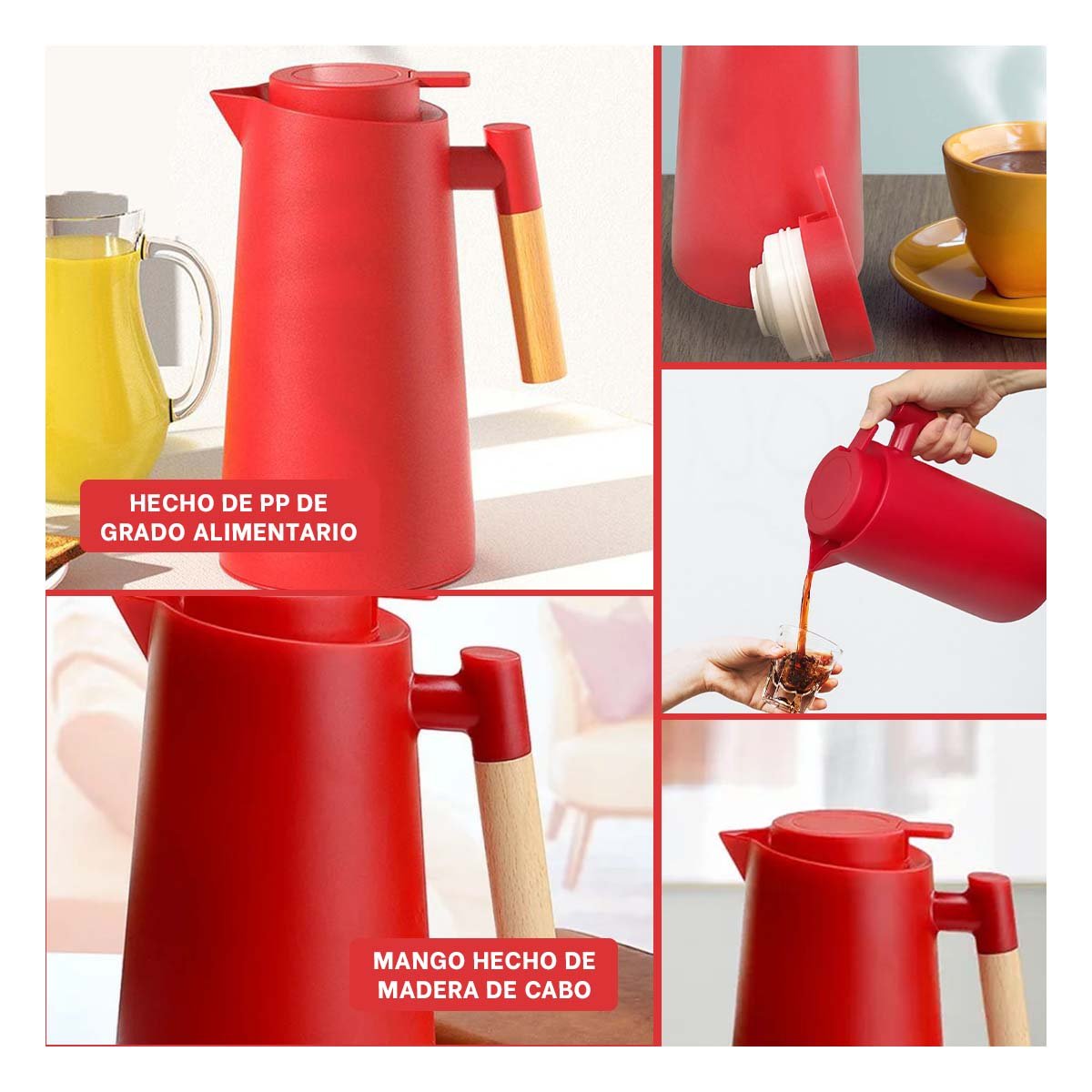 Recipiente Termo 1L Color Rojo con Mango de Madera Funcional para Oficina y Casa YLigas Regalo