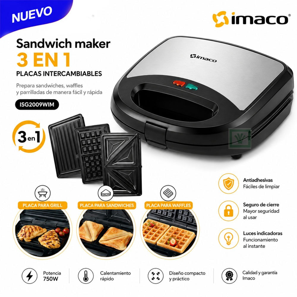 Sandwichera Waflera Grill 3 en 1 750w Imaco ISG2009WM