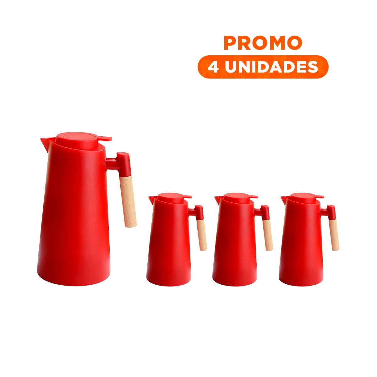Pack4 Jarra Termo 1L Color Rojo con Mango de Madera Compacto y Facil de Transportar