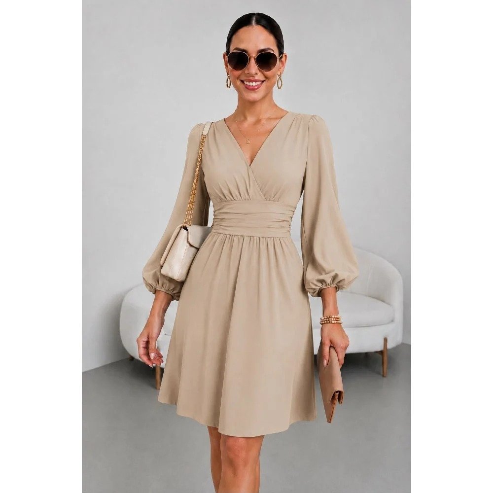 Vestido Midi Manga Larga Drapeado Midi Manga Larga Drapeado Beige XL