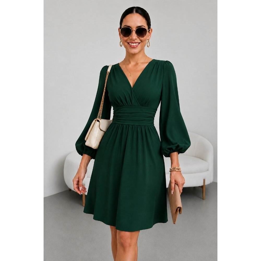 Vestido Midi Manga Larga Drapeado Midi Manga Larga Drapeado Verde M