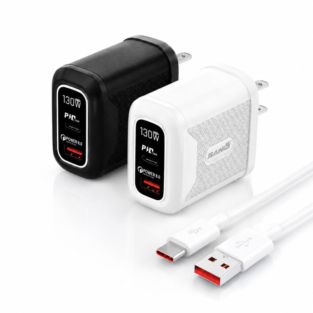 Cargador Sanci 130W Carga Súper Rápida PD 8.0 con USB-C y USB-A con Cable