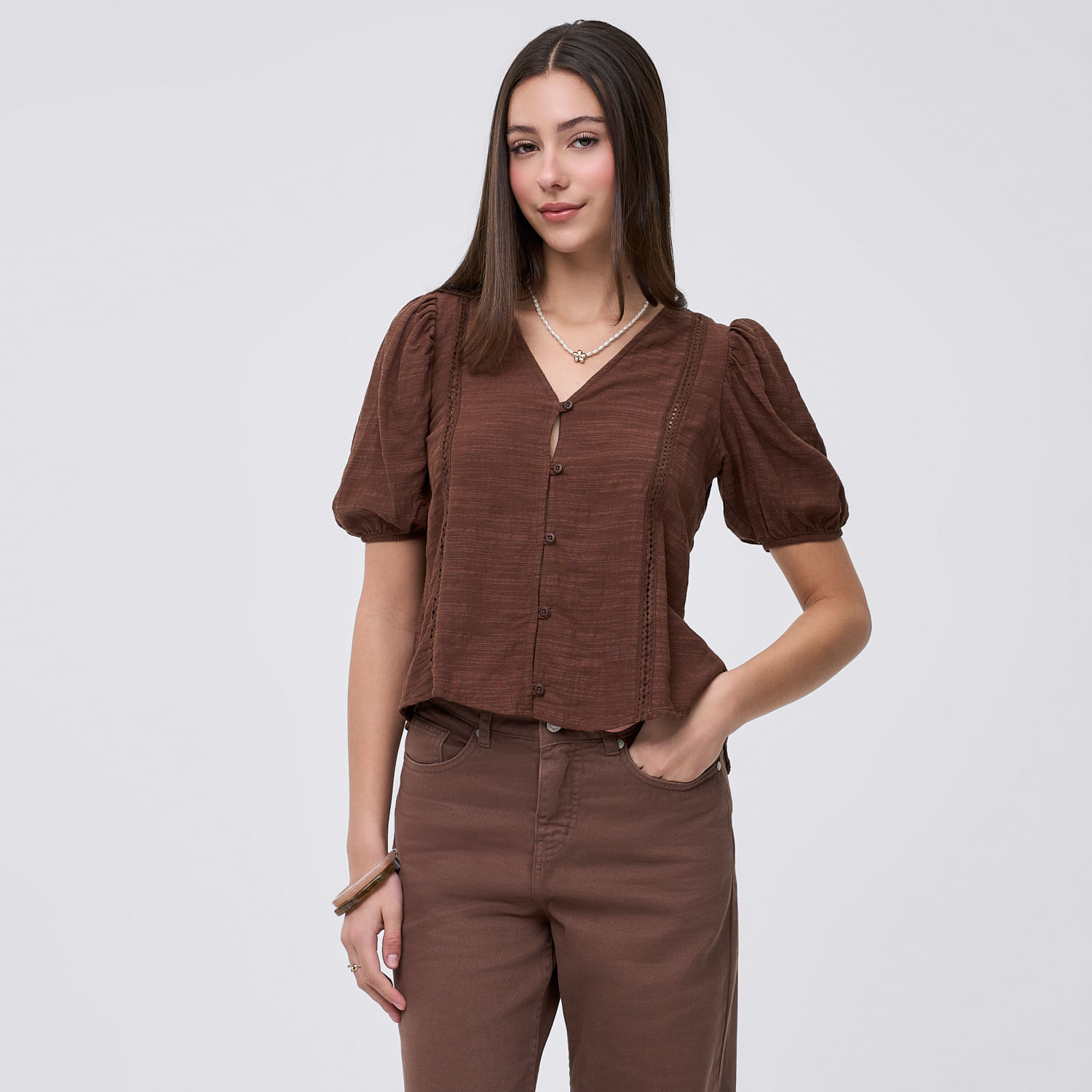 Blusa Mujer Globo Amc Manga Corta Marrón L