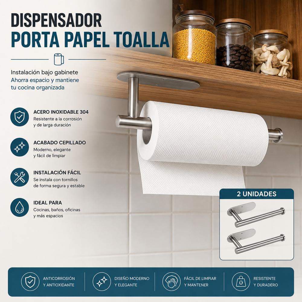 Dispensador Porta Papel Toalla Jumbo 34CM Acero Inoxidable - Pack de 2 soportes