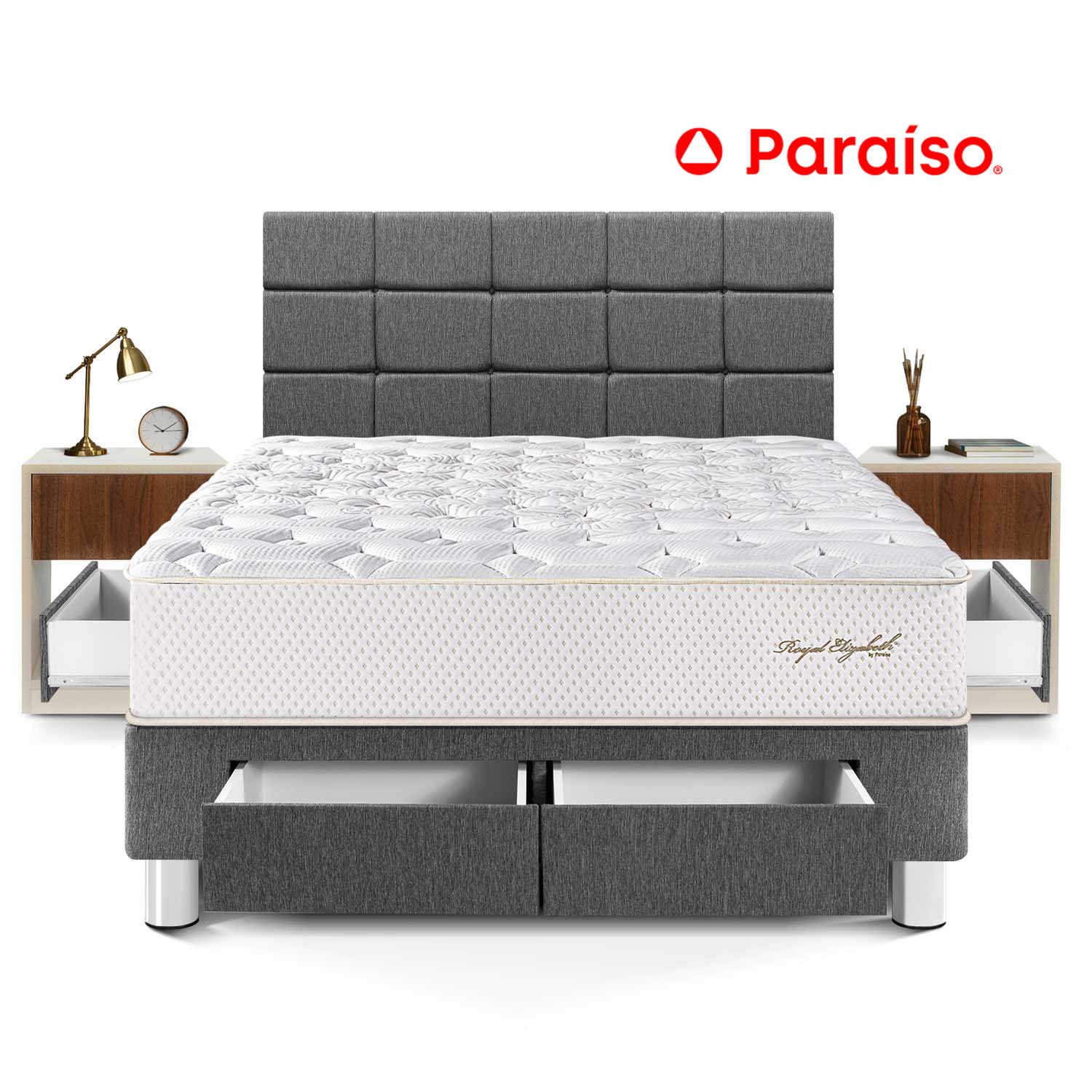 Dormitorio Royal Elizabeth Con Cajones Cabecera Blocks Queen + Velador Cajón Gris