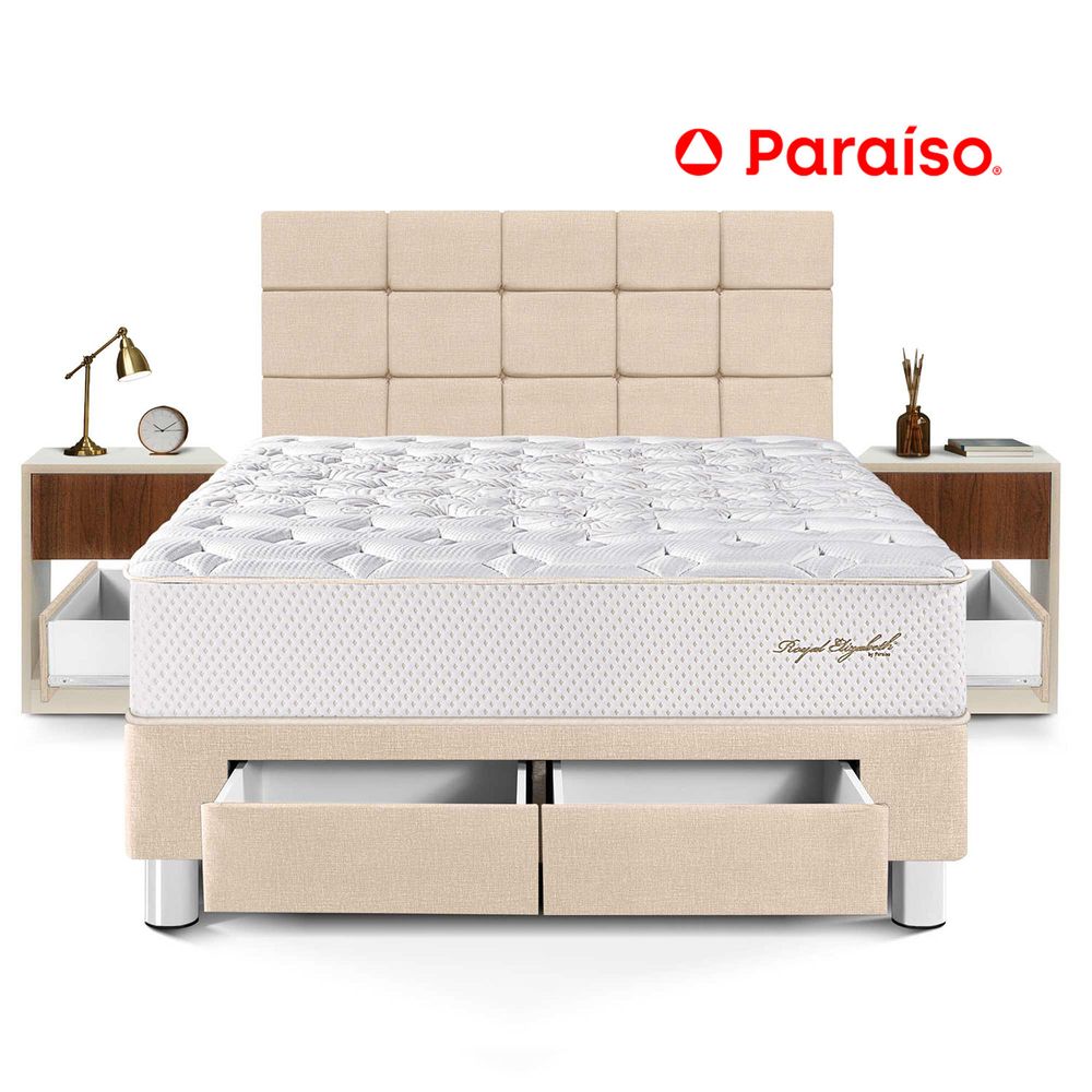 Dormitorio Royal Elizabeth Con Cajones Cabecera Blocks Queen + Velador Cajón Champagne