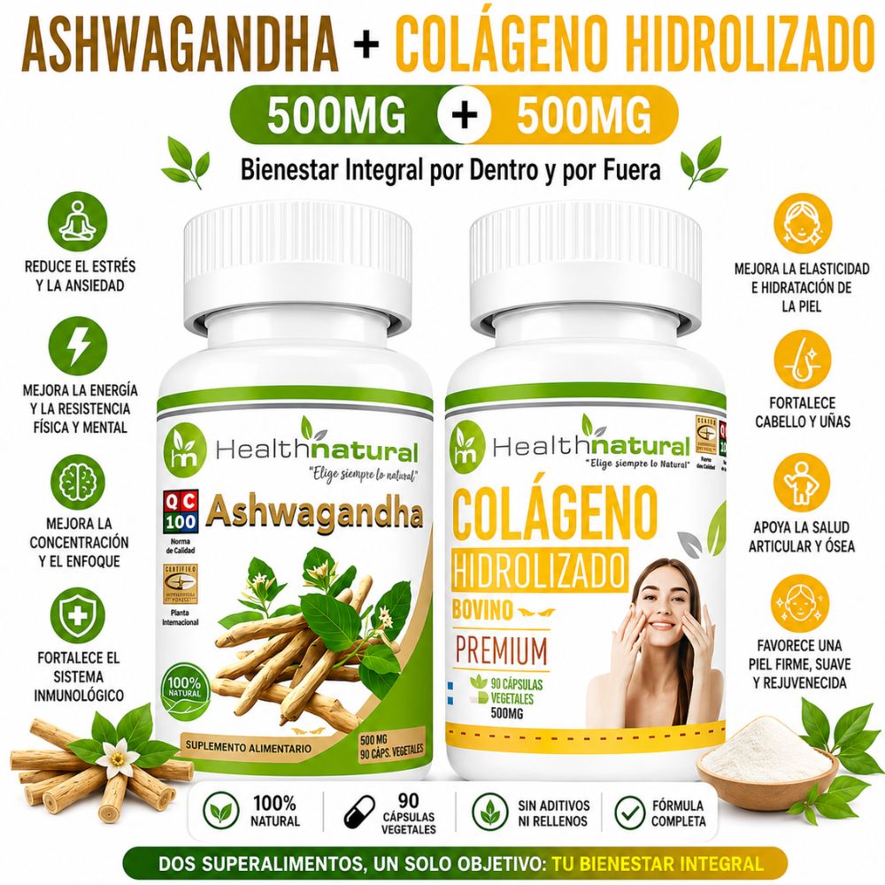 ASHWAGANDHA HEALTHNATURAL Y COLÁGENO HIDROLIZADO HEALTHNATURAL 500MG
