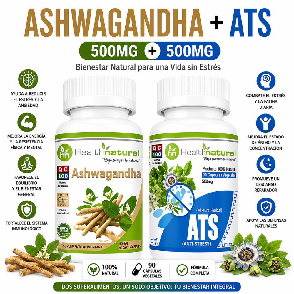 ASHWAGANDHA HEALTHNATURAL 500MG Y ATS ANTI STRES HEALTHNATURAL 500MG