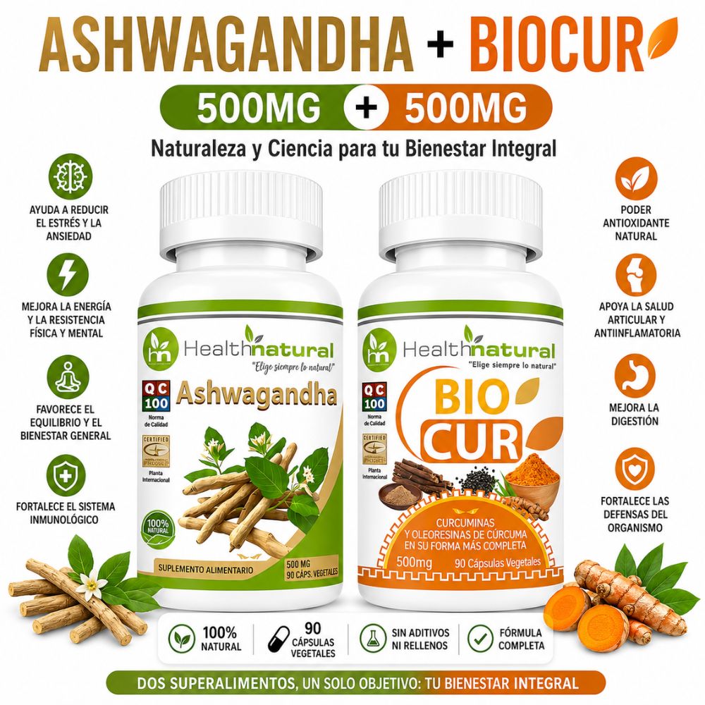 ASHWAGANDHA HEALTHNATURAL 500MG Y BIOCUR HEALTHNATURAL 500MG