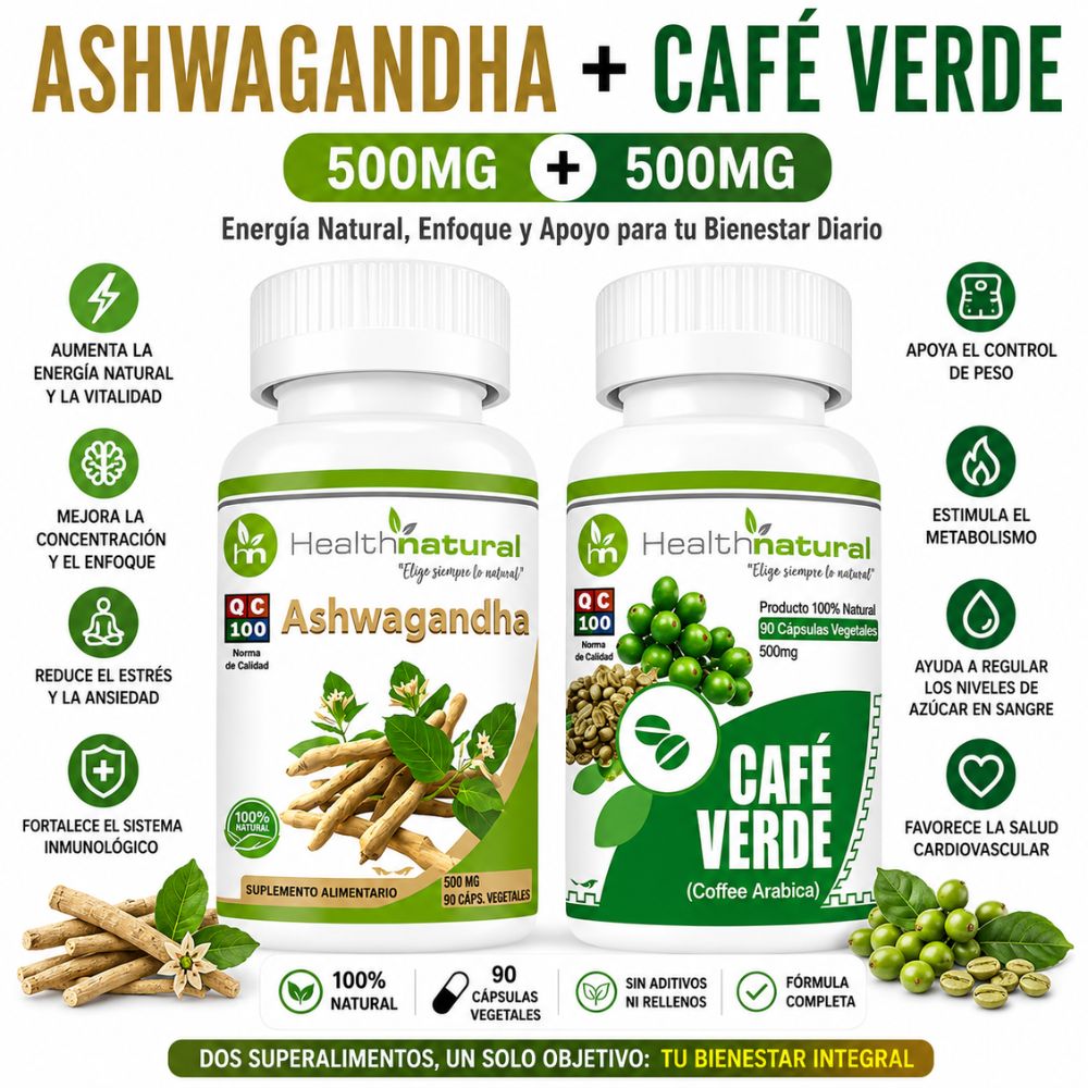 ASHWAGANDHA HEALTHNATURAL 500MG Y CAFÉ VERDE HEALTHNATURAL 500MG