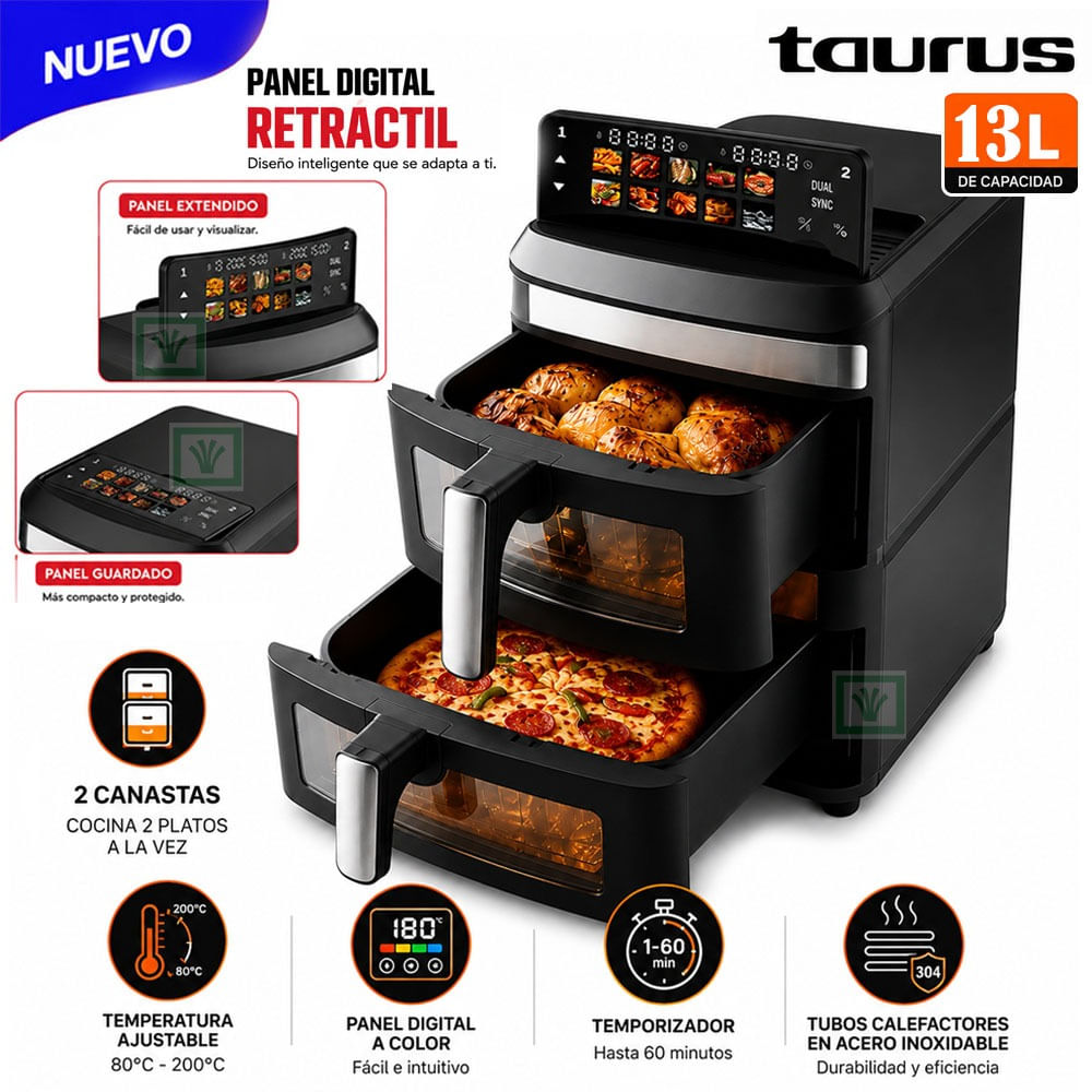 Freidora de Aire Digital Taurus Doble compartimiento Duo Air Tower 13 Litros