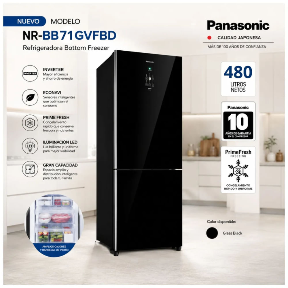 Refrigeradora Panasonic 480L Bottom Freezer Inverter Antibacteria NR-BB71GVFBD