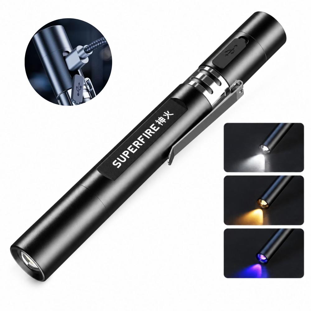 Linterna Médica Recargable con 3 Luces Blanca Cálida y UV 395nm Tipo Lapicero