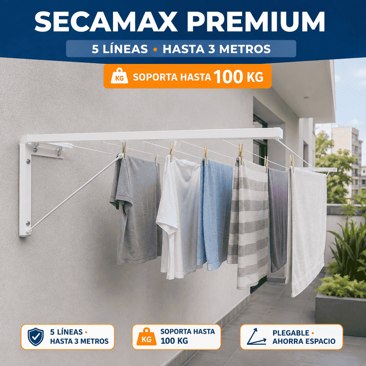 Tendedero de Pared Plegable Reforzado 5 Líneas x 3 m Soporta hasta 100 kg