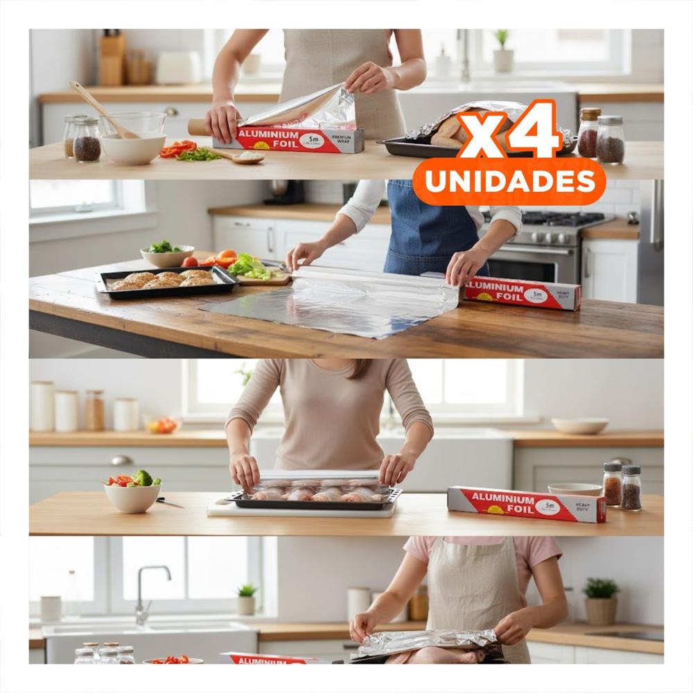 Pack4 Papel Envase Plateado 5m 30cm Para Cocina Casera Y Hogar Y Regalo Sticker