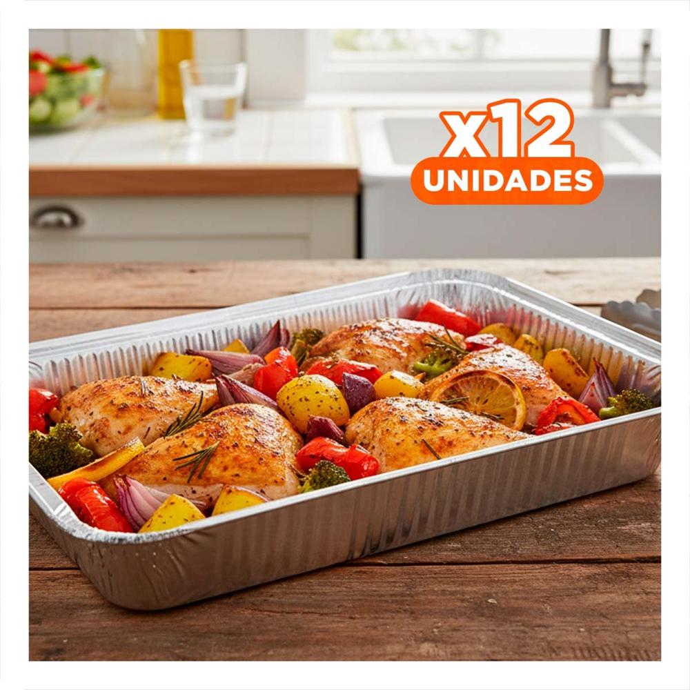 Pack12 Charola de Aluminio Descartable 55x35 cm Plateado para Cocina Y Regalo Sticker