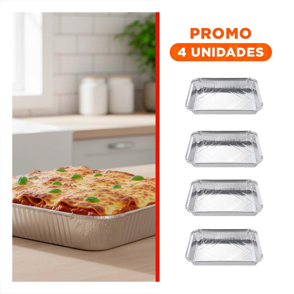 Pack4 Fuente metalica descartable 55x35cm plateado para fiestas y celebraciones