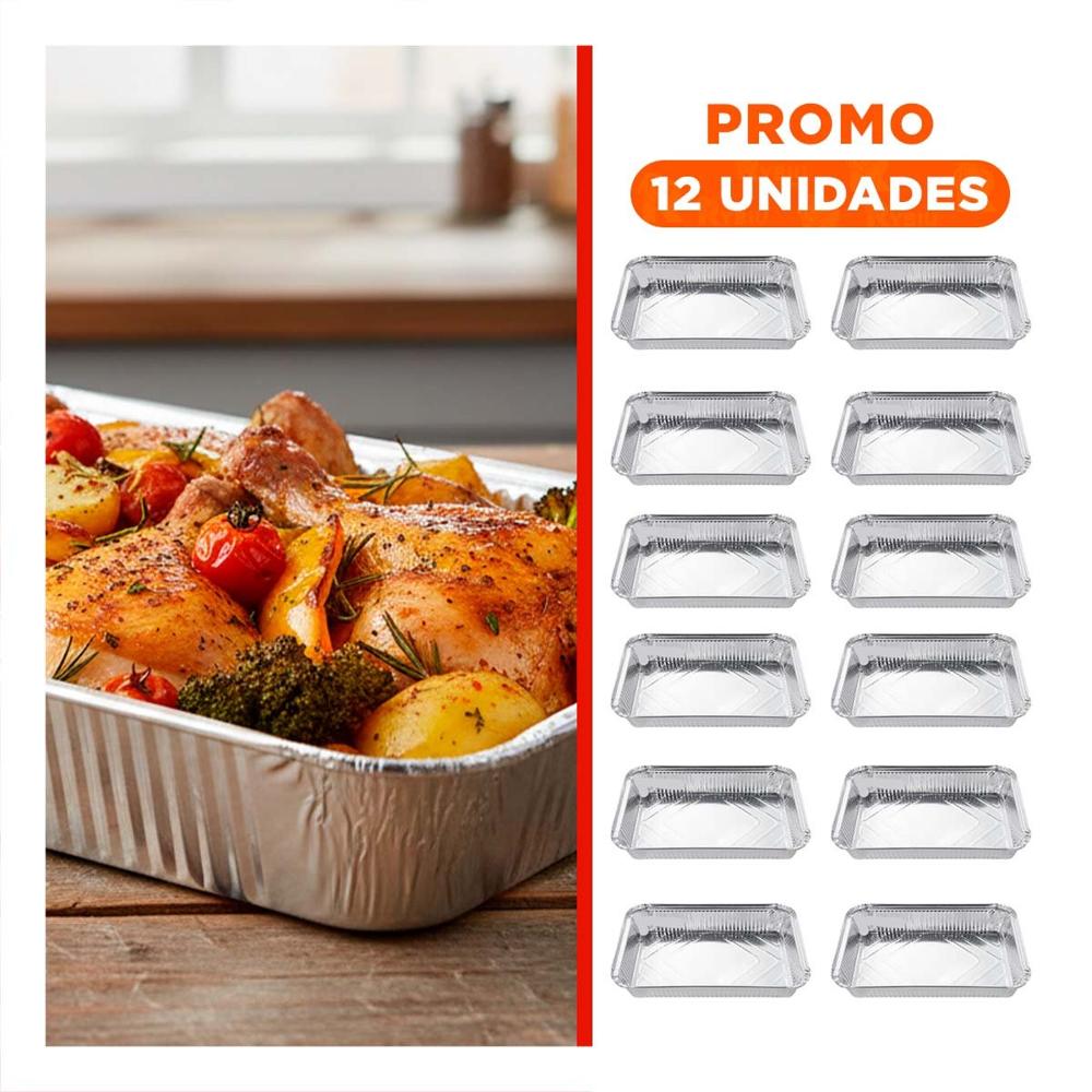 Pack12 Bandeja de Aluminio Descartable 55x35 cm Plateado para Cocina Hogar