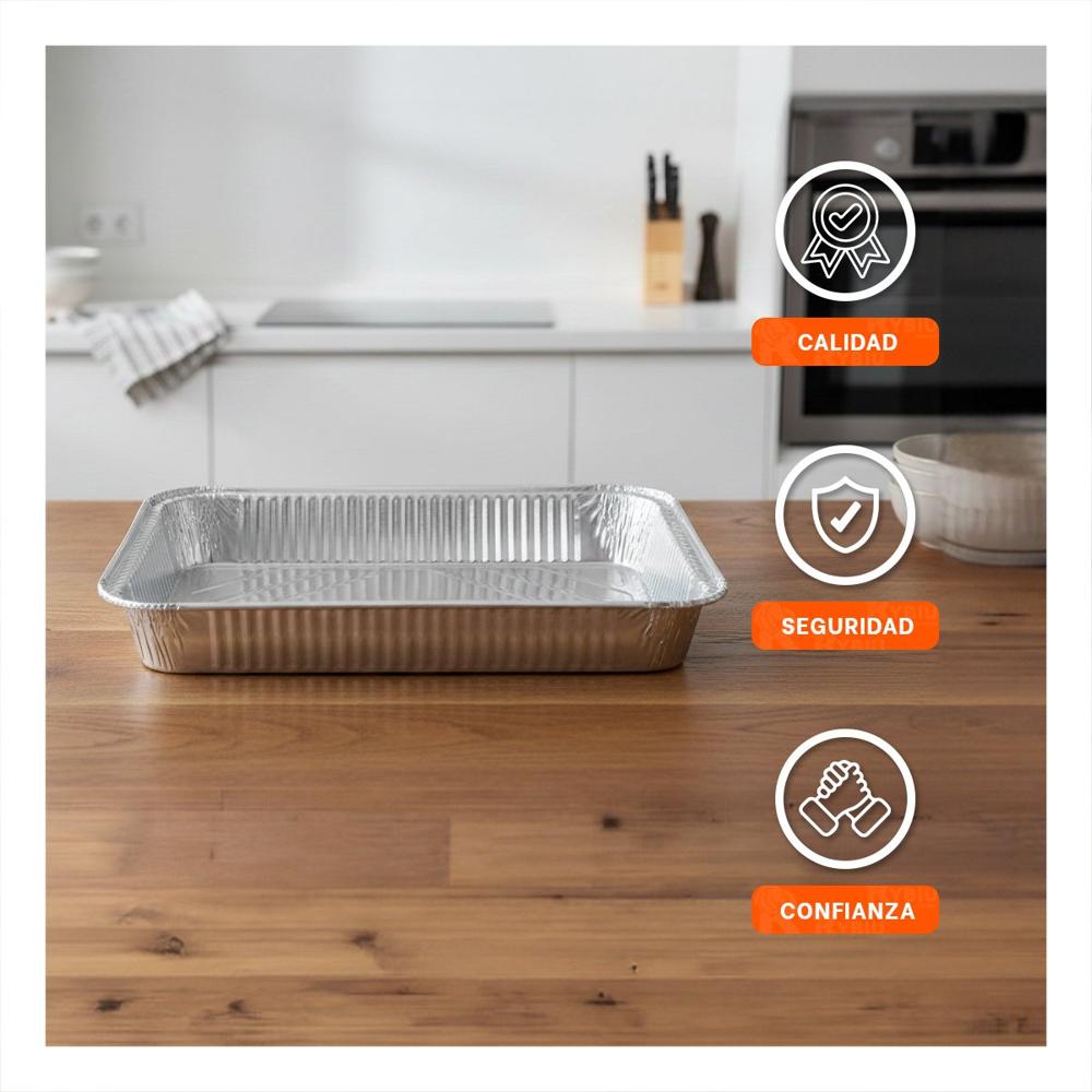 Bandeja de aluminio descartable 55x35cm plateado para uso en hogar y fiesta