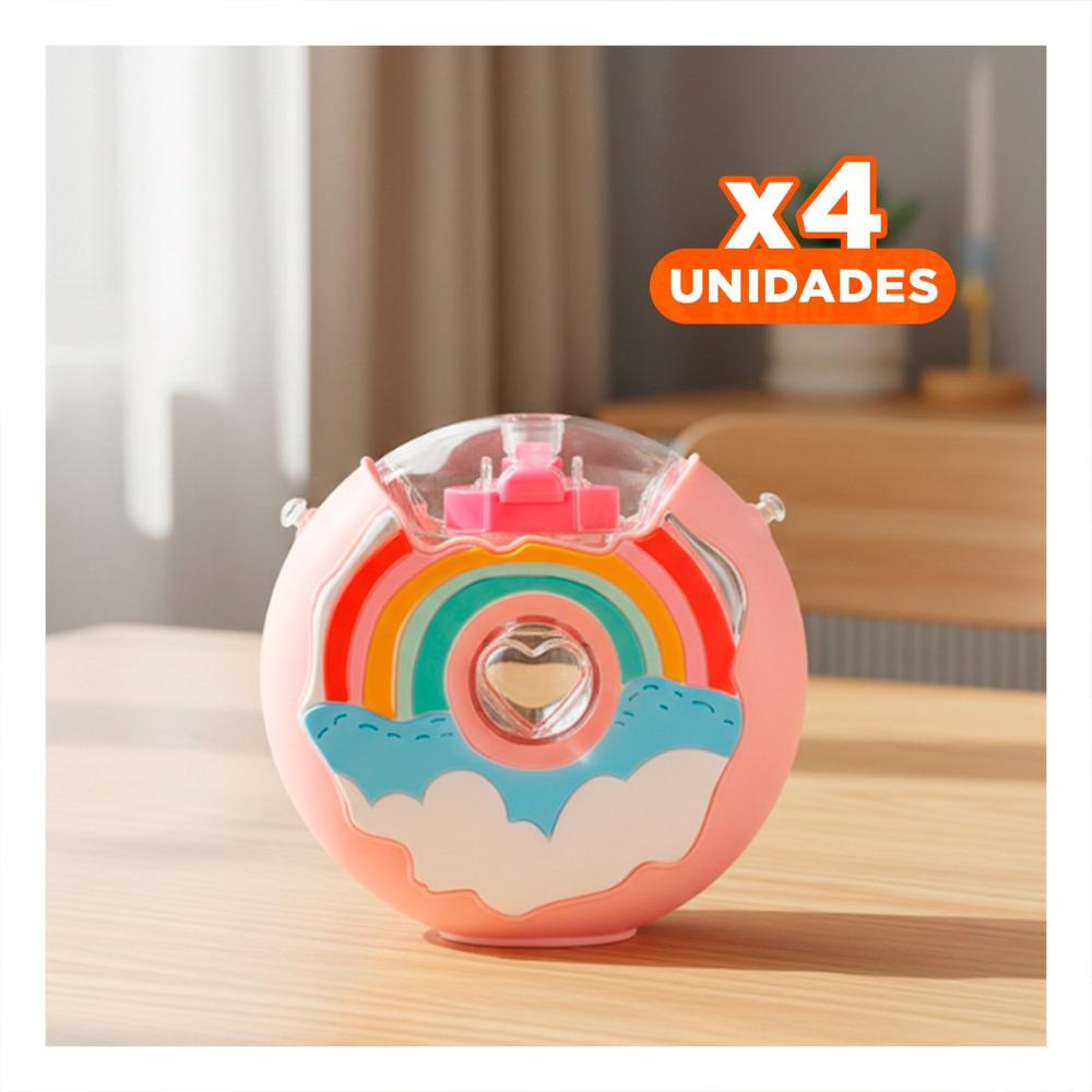 Pack4 Botella 14x5cm Circular Dona Rosado Arcoiris Para Hidratacion en Trabajo Y Regalo Sticke