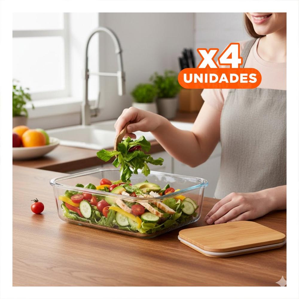 Pack4 Envase De Vidrio 1040ml Rectangular Transparente Con Tapa Bambu Cocina Y Regalo Sticker