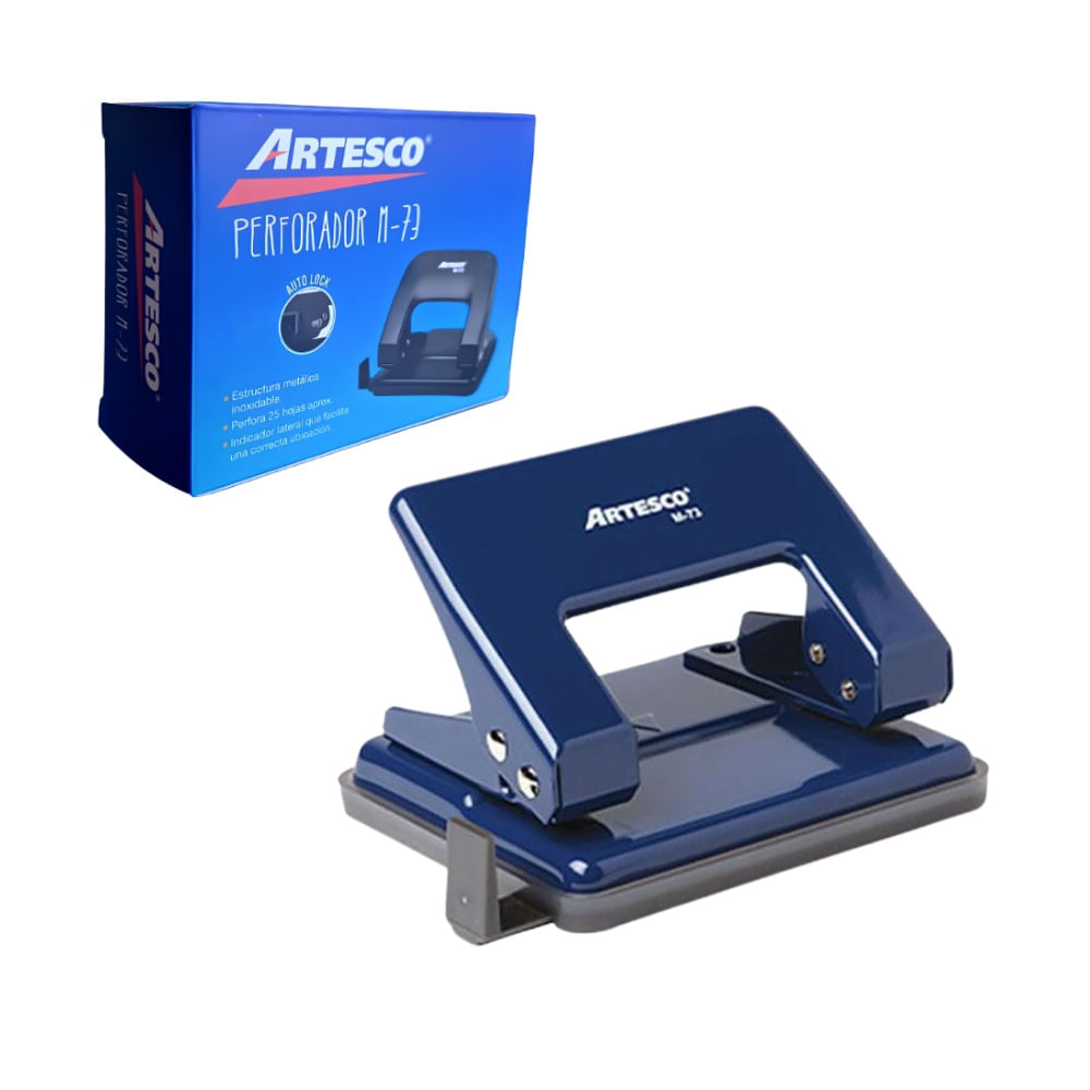 Perforador de Oficina para hasta 25 Hojas con 2 Perforaciones y Regla Guía Artesco Azulino
