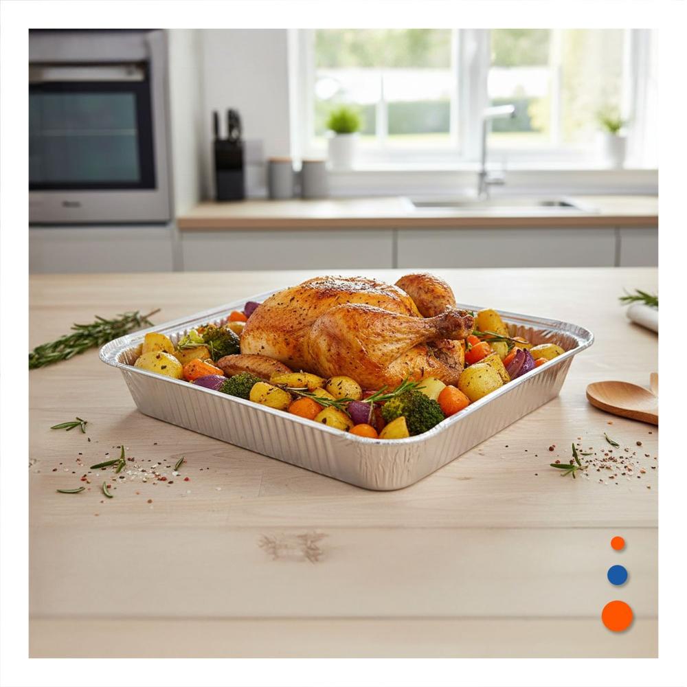 Charola de aluminio descartable 55x35cm plateado practica para reposteria y catering Y notas