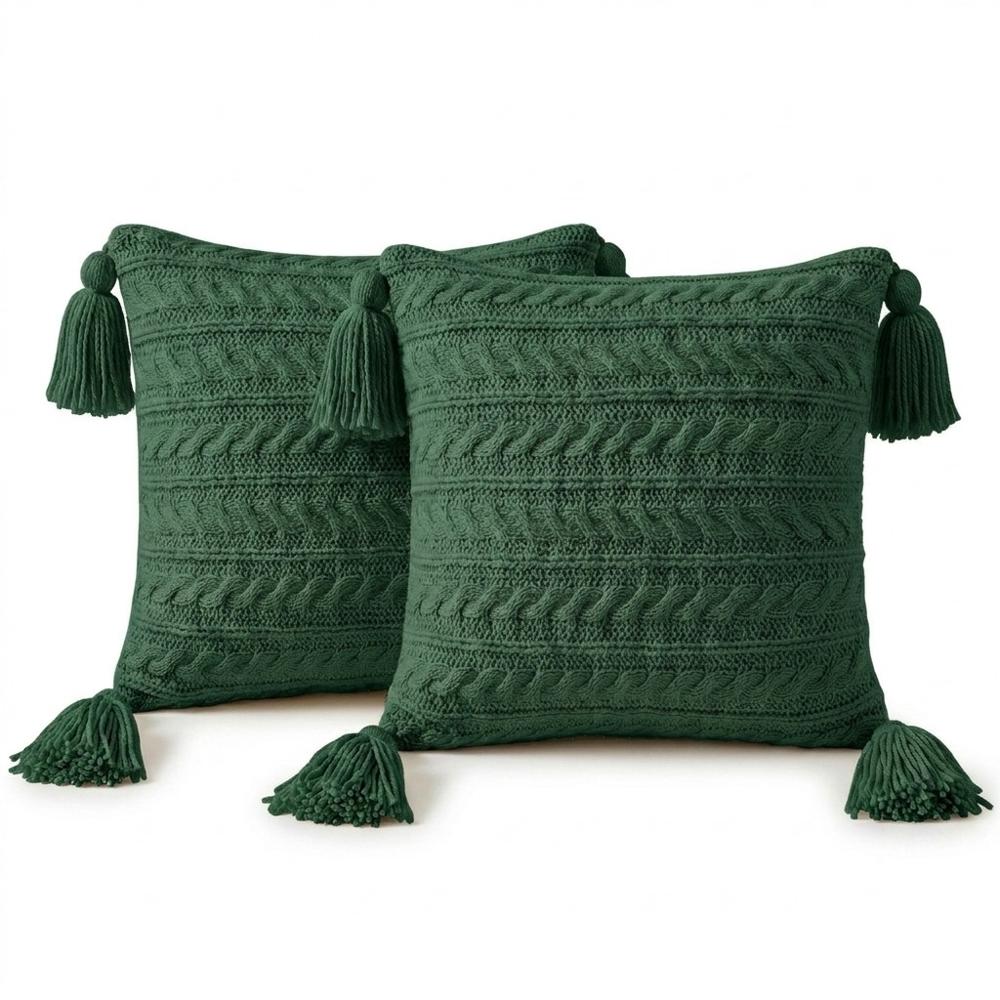 Set 02 Cojines Trenzados XL Verde Navideño con Borlas 45X45 CM