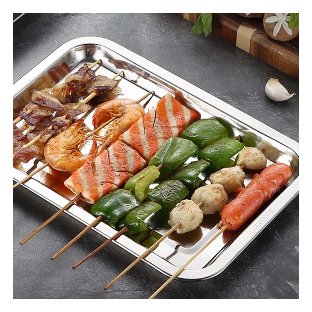 Bandeja multifuncional rectangular de acero plateado para hogar y cocina Y notas
