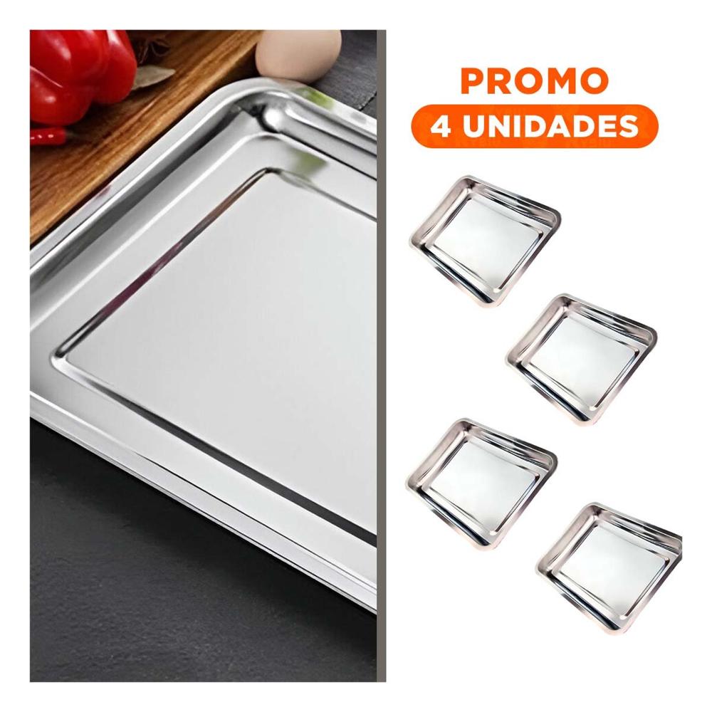 Pack4 Bandeja De Acero Para Hogar Cocina Y Restaurante Plateado 60x40x2cm