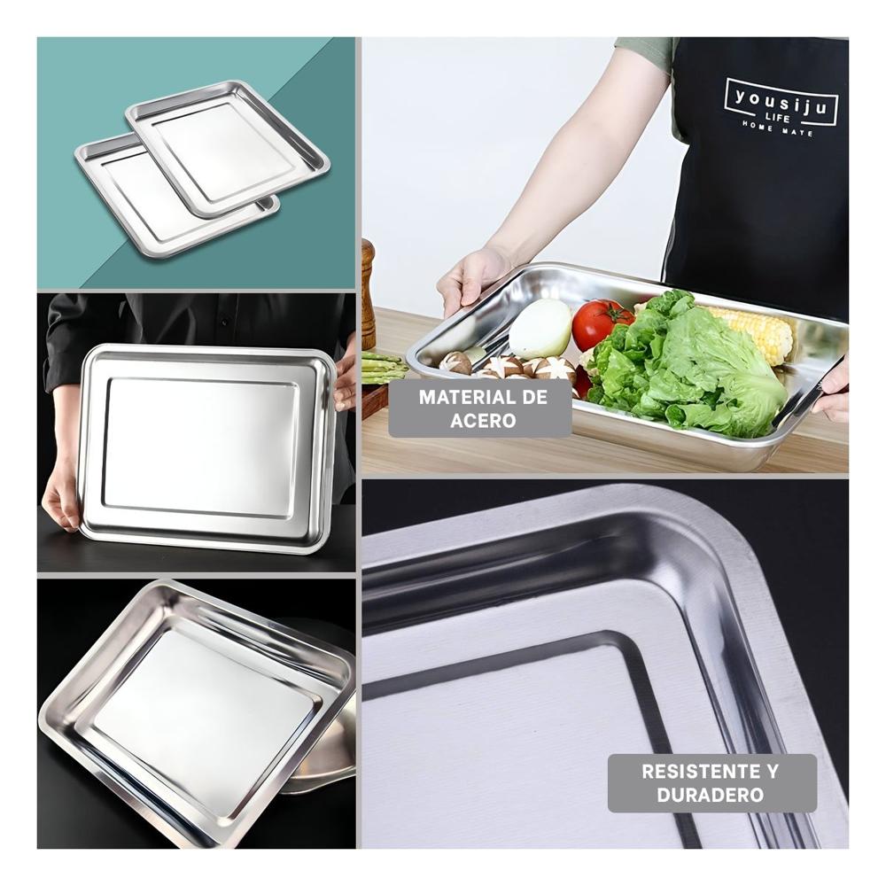 Bandeja Grande Rectangular De Acero Para Preparar Y Servir Plateado 50x35x2cm YLigas Regalo