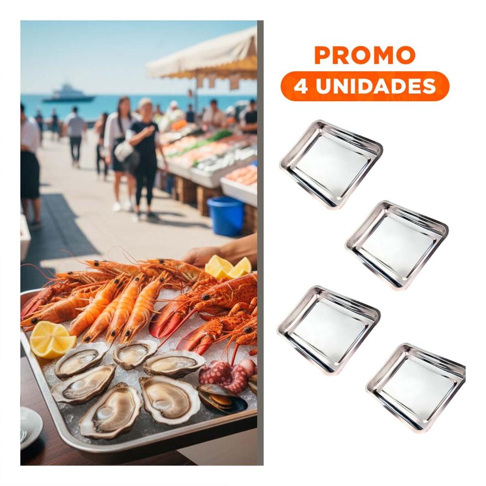 Pack4 Plato De Servicio Rectangular De Acero Para Preparar Alimentos Plateado 50x35x2cm