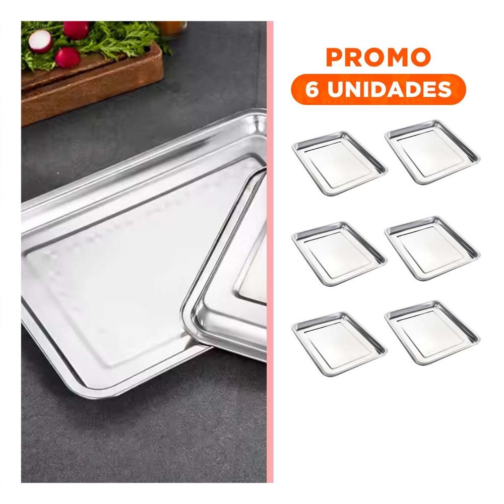 Pack6 Charola de acero pulido rectangular para presentar alimentos en casa YRegalo Sticker