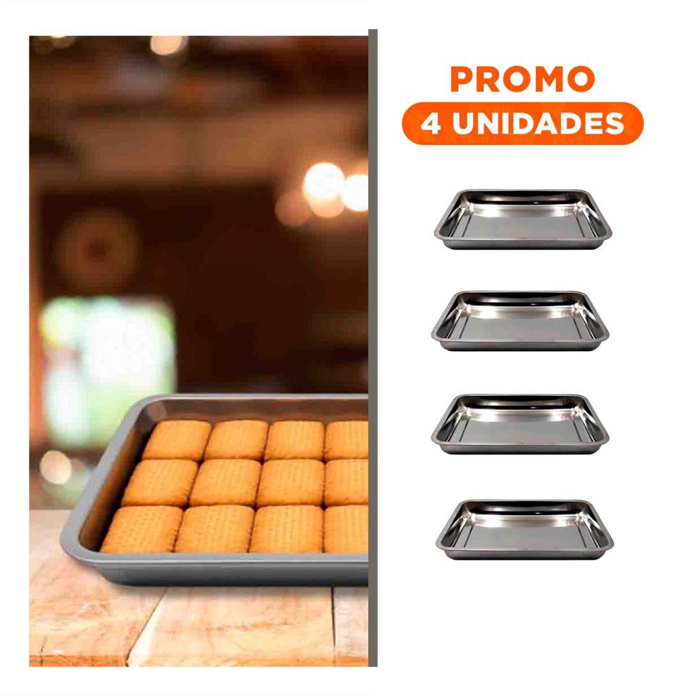 Pack4 Bandeja De Acero Rectangular Plateada Para Servir En Cocina Y Hogar