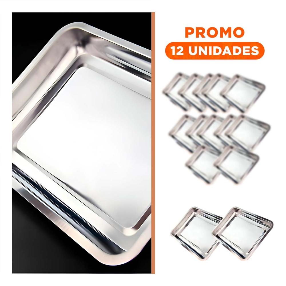 Pack12 Charola grande rectangular de acero plateado para cocina y comedor