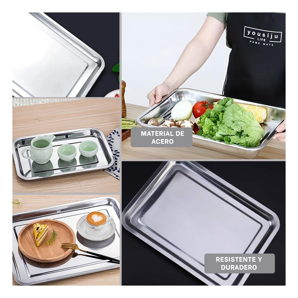 Bandeja decorativa de acero rectangular plateado para servir y organizar YLigas Regalo
