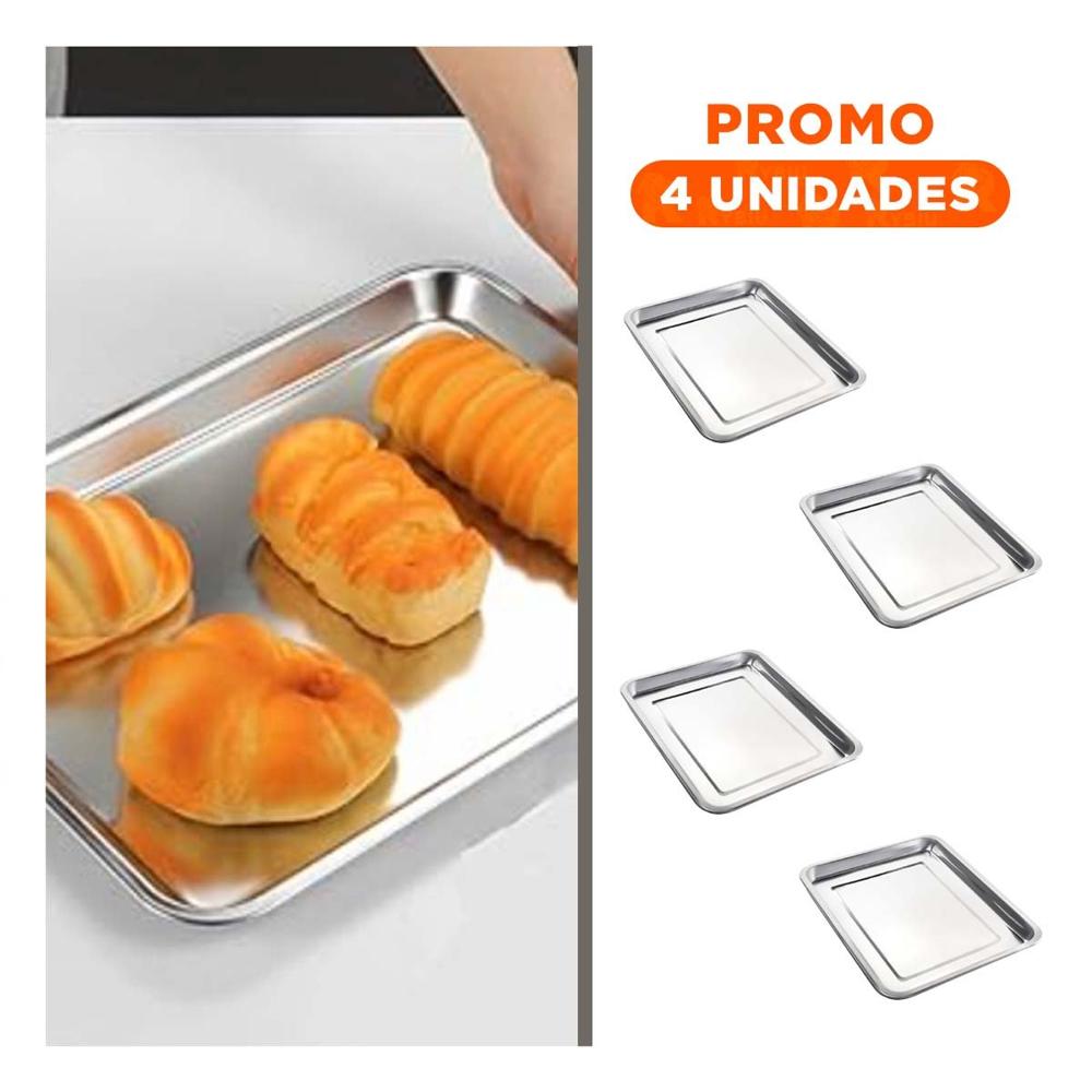 Pack4 Bandeja de acero pulido rectangular para presentar alimentos en hogar