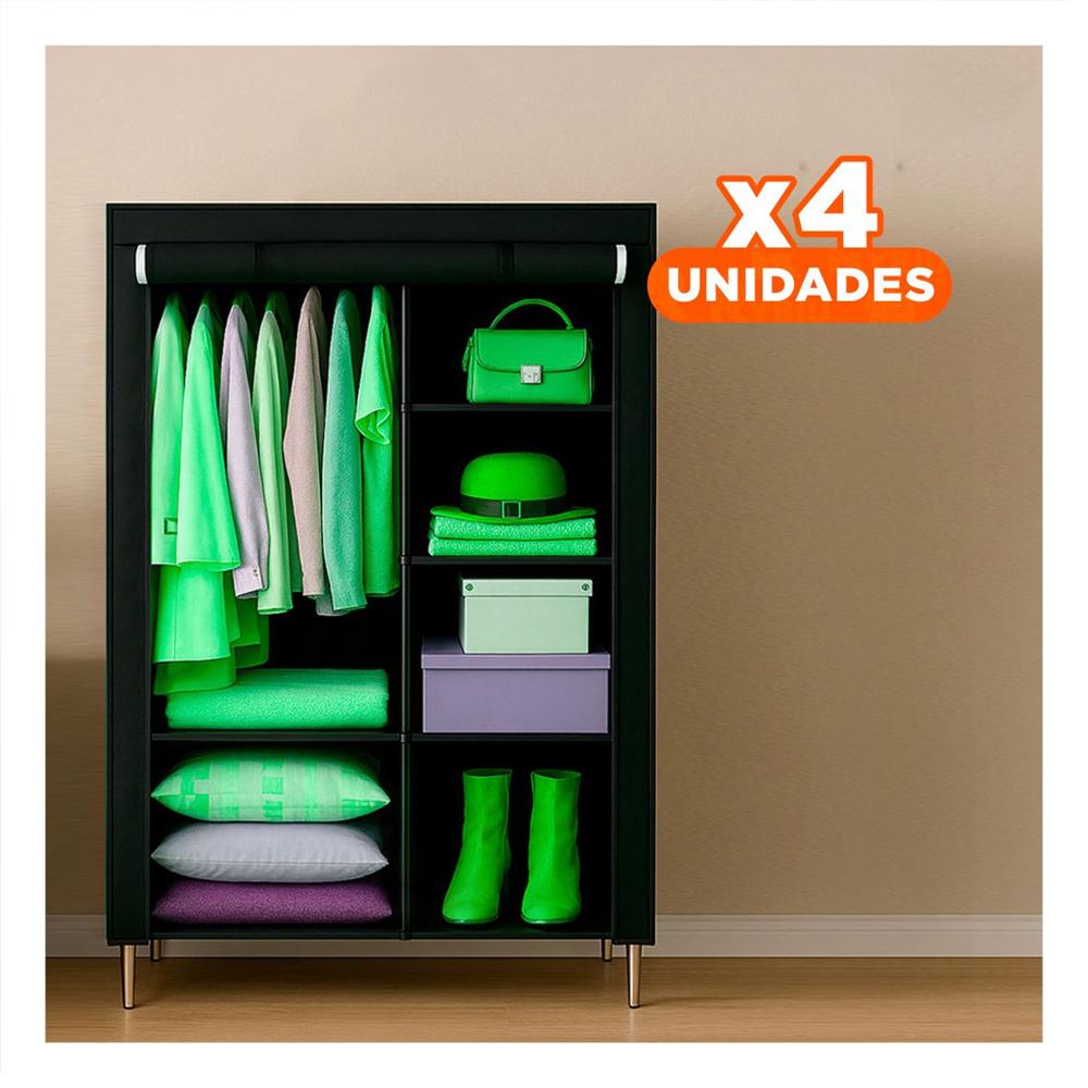 Pack4 Mueble de Tela con Estructura de Metal 105x45x168cm Negro Hogar Pro Y Papel Regalo