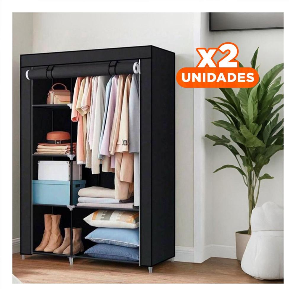 Pack2 Ropario de Tela con Estructura de Metal 105x45x168cm Negro Dormitorio Y Regalo Sticker