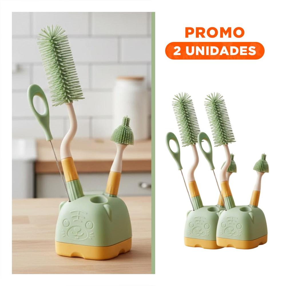 Pack2 Set Limpieza 4 Pzs Verde Base Osito para Uso Diario de Biberones Y Regalo Sticker