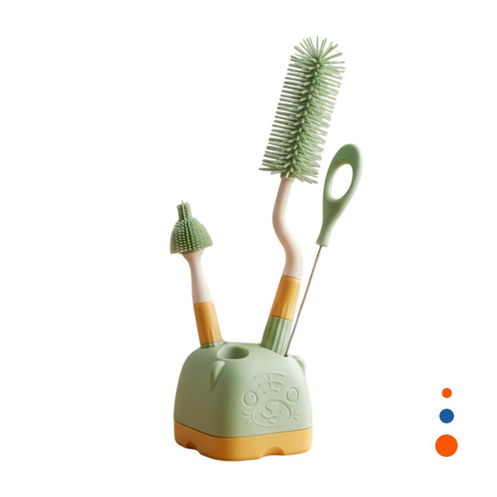 Cepillos Bebe 4 Pzs Verde Base Osito para Limpiar Biberones y Teteros Y Regalo Sticker