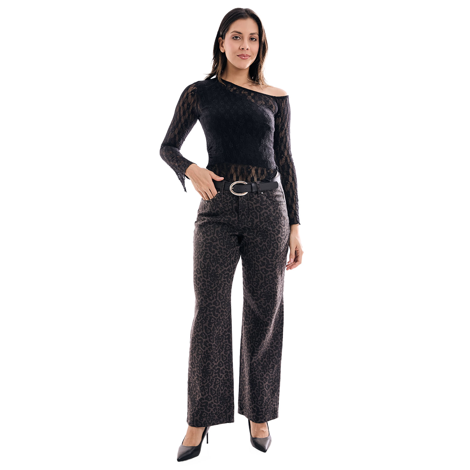 Jean Mujer Leopardo Metal Straight Plomo 28