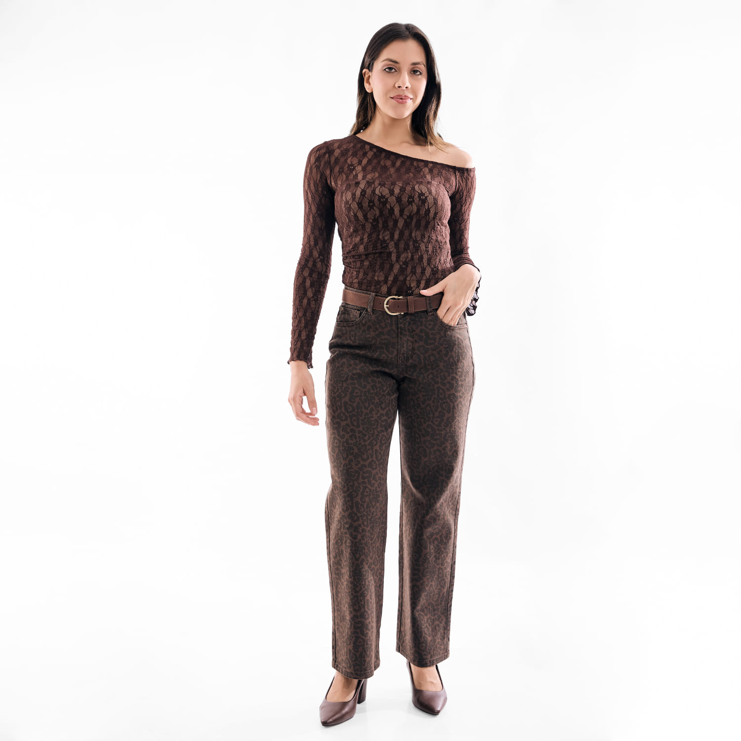 Jean Mujer Leopardo Metal Straight Marrón 28