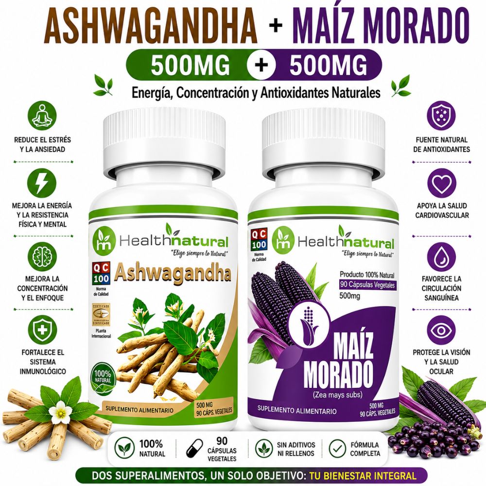 ASHWAGANDHA HEALTHNATURAL 500MG Y MAIZ MORADO HEALTHNATURAL 500MG