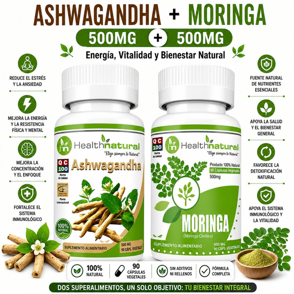 ASHWAGANDHA HEALTHNATURAL 500MG Y MORINGA HEALTHNATURAL 500MG