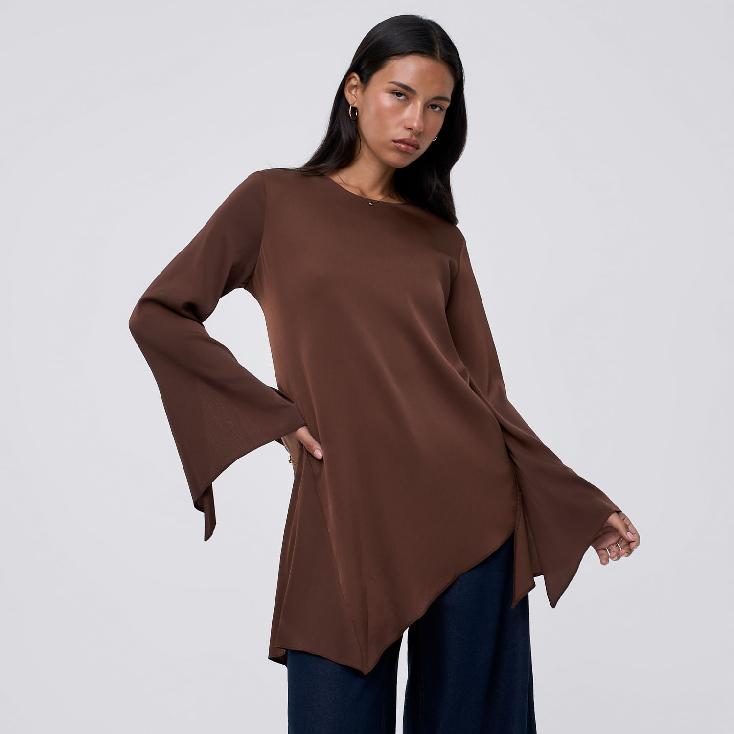 Blusa Mujer Asimetric Manga Larga Marrón L
