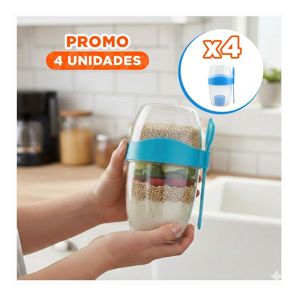 Pack4 Vaso Yogur Azul 2 en 1 con Cubierto Ideal para Uso Diario YPapel Regalo