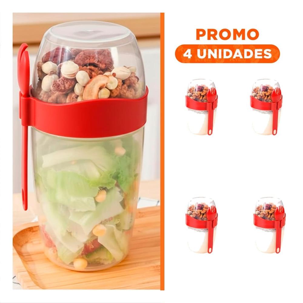 Pack4 Vaso Yogurero Rojo 2 en 1 con Cubierto Practico para Llevar al Trabajo