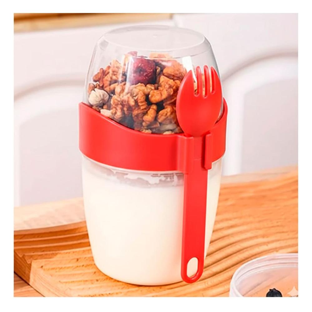 Recipiente Yogurero 2 en 1 Rojo con Cuchara Portatil para Desayuno YPapel Regalo