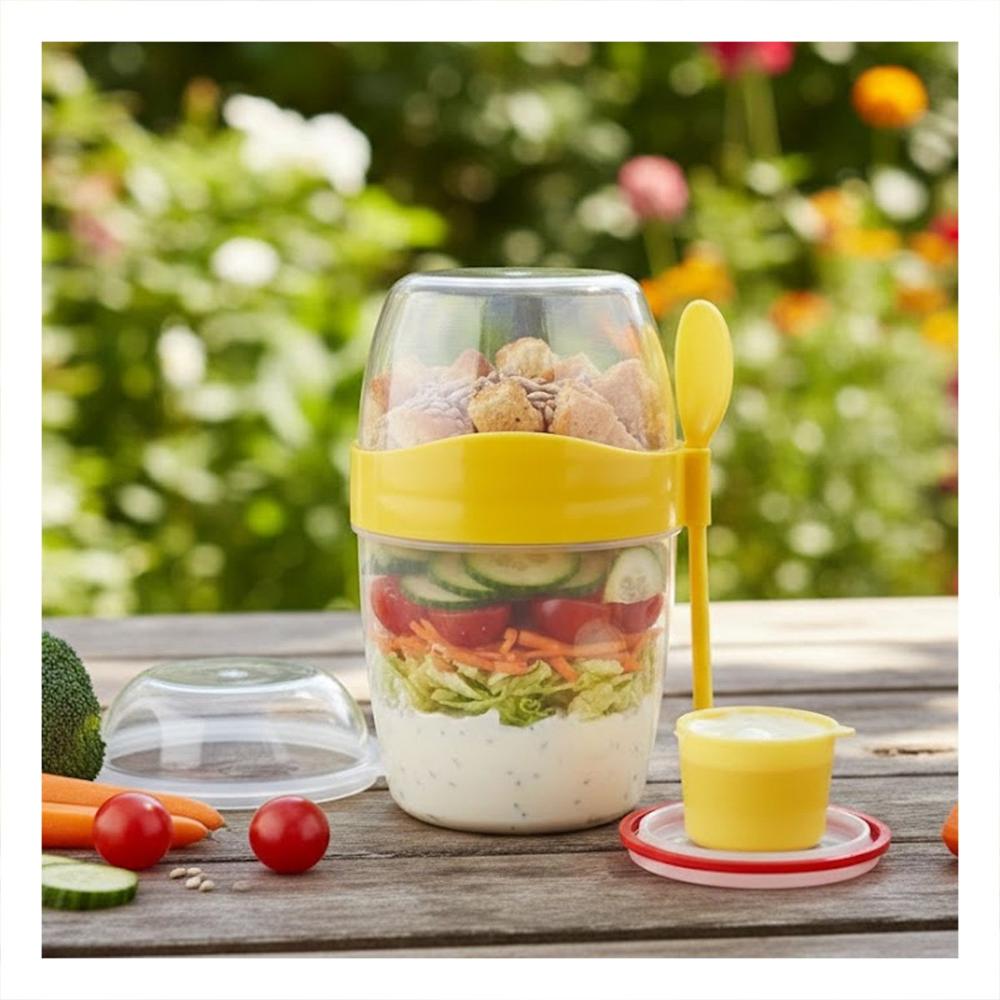 Vaso Porta Yogur 2 en 1 Amarillo con Cuchara Ideal para Oficina o Colegio Y notas